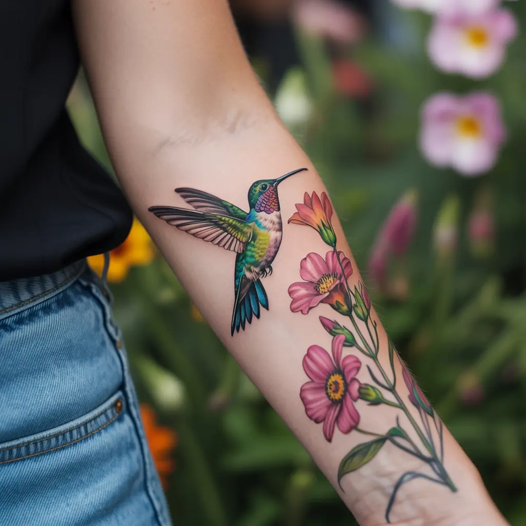 Forearm tattoo women – Hummingbird and floral forearm ink with vivid colors and details

