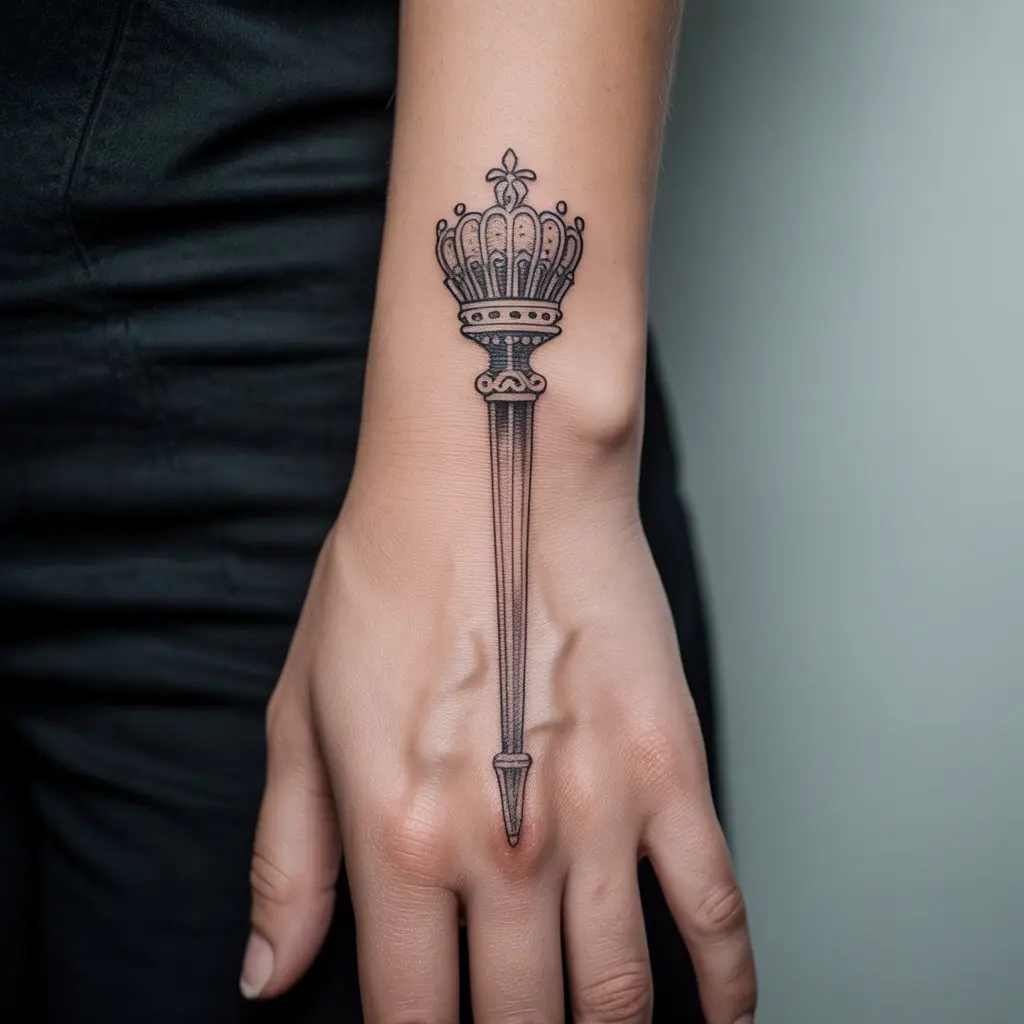 "Feminine power tattoo of an ornate scepter representing leadership, authority, and elegance"


