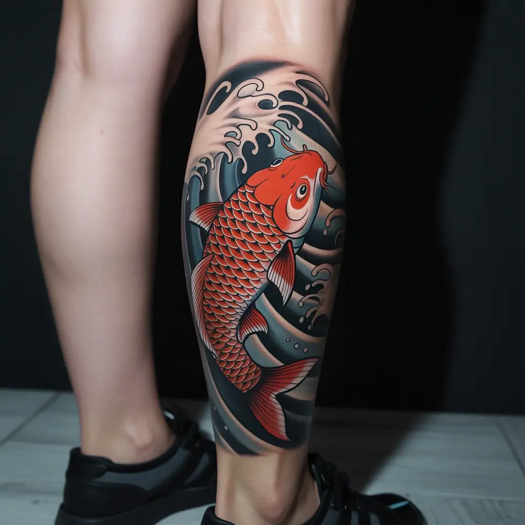 Traditional Japanese Koi Fish – leg tattoos women showing a koi swimming upward with splashing water and bright scales.

