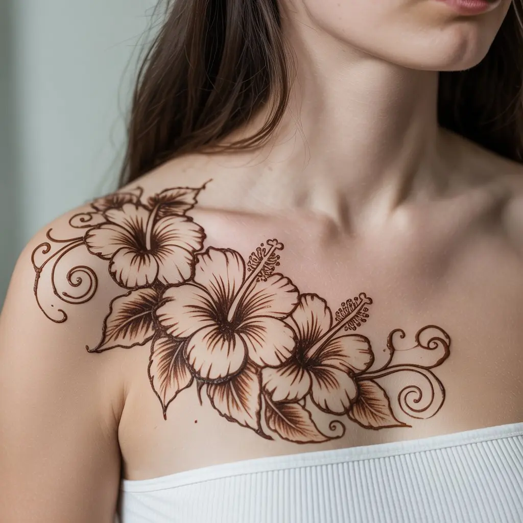 Hibiscus-Themed Henna Designs – Hibiscus-themed henna tattoo designs across shoulder and collarbone.