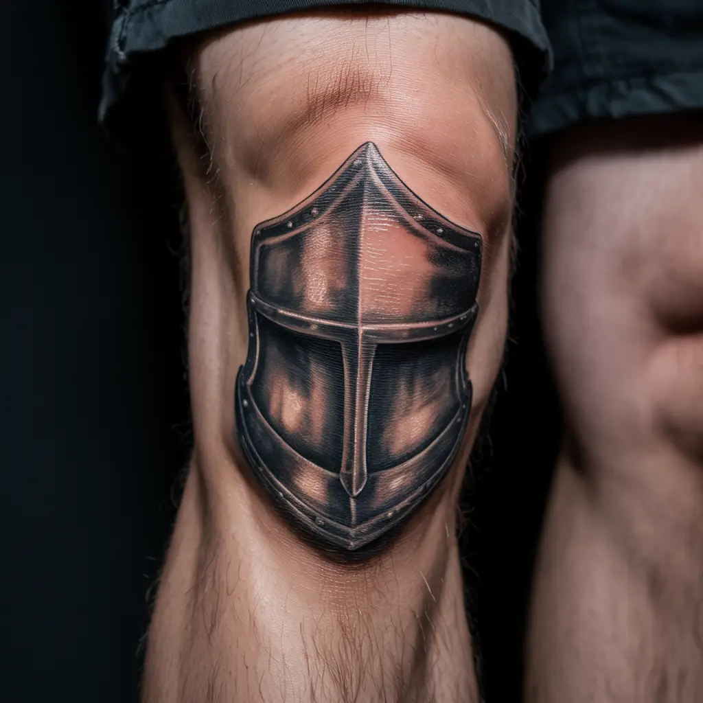 Armor plate knee cap tattoo with metallic shading and realistic engraved details.


