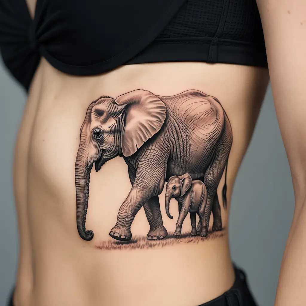"Mother elephant with calf tattoo on ribs, realistic family elephant tattoos representing love, nurturing, and unbreakable bonds."