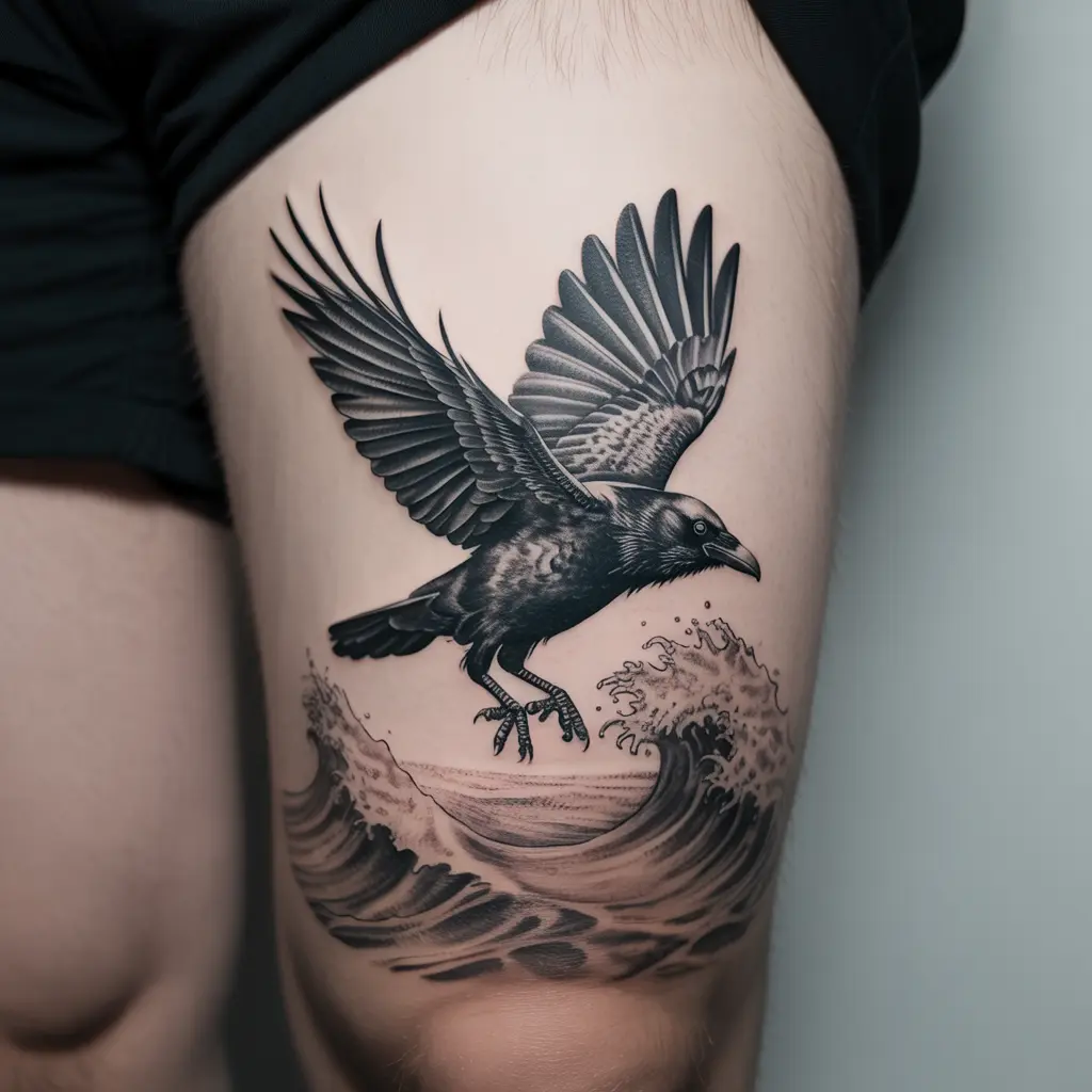 “Thigh raven tattoo flying above crashing waves, realistic black and gray design symbolizing survival and resilience.”