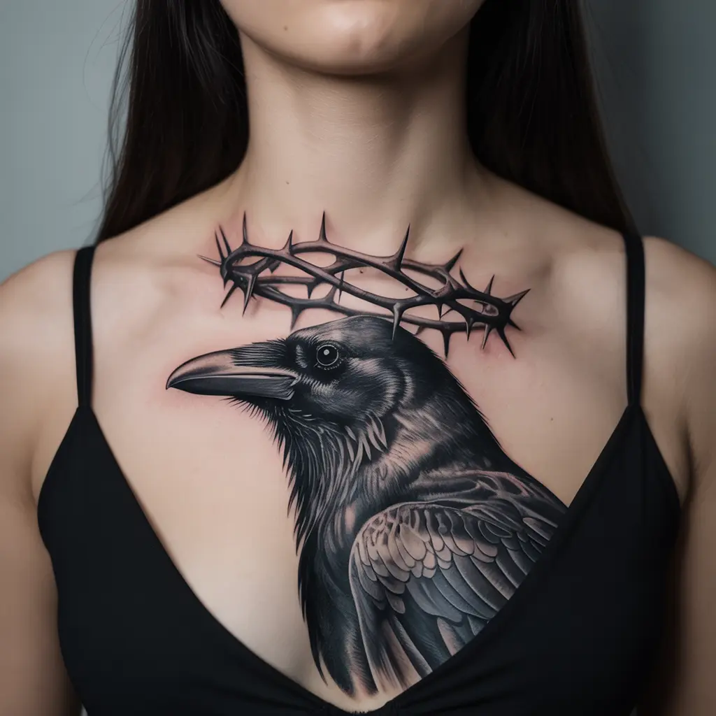 Raven’s Crown — Dark Beauty Over the Collarbone
Raven’s Crown chest tattoo female featuring black raven with crown of thorns perched across the collarbone.