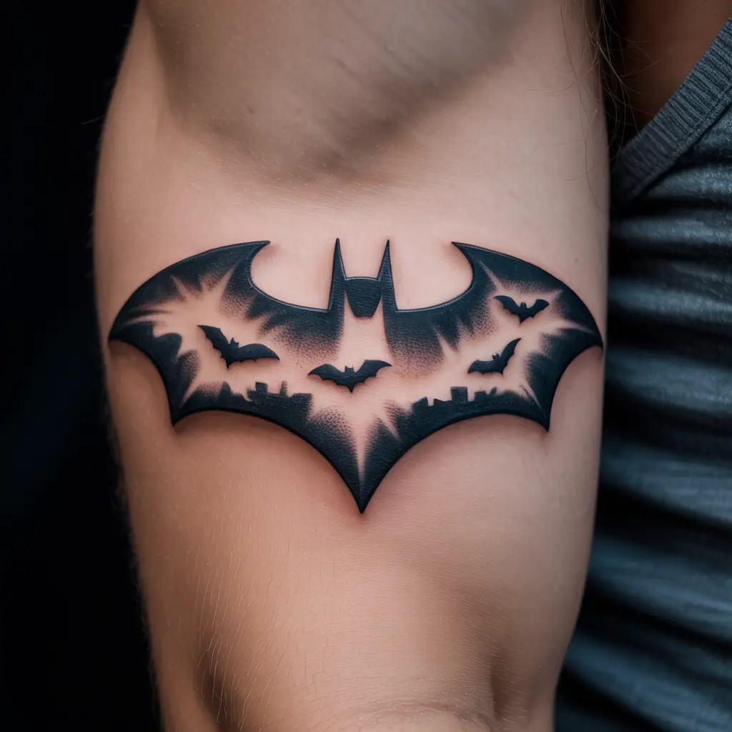 “Bicep Batman tattoo featuring the Bat emblem surrounded by bats, symbolizing fear as a weapon of justice.”