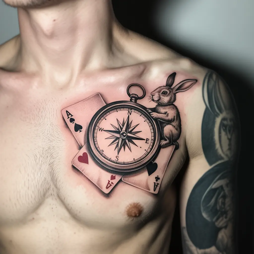 “Creative Alice in Wonderland tattoo of compass with cards and rabbit on upper chest, black and gray ink symbolizing guidance and direction in life.”