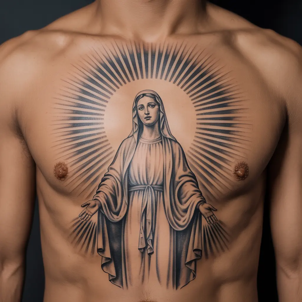 "Virgin Mary tattoo with radiant rays on chest, detailed shading and spiritual symbolism, representing divine light and eternal faith."