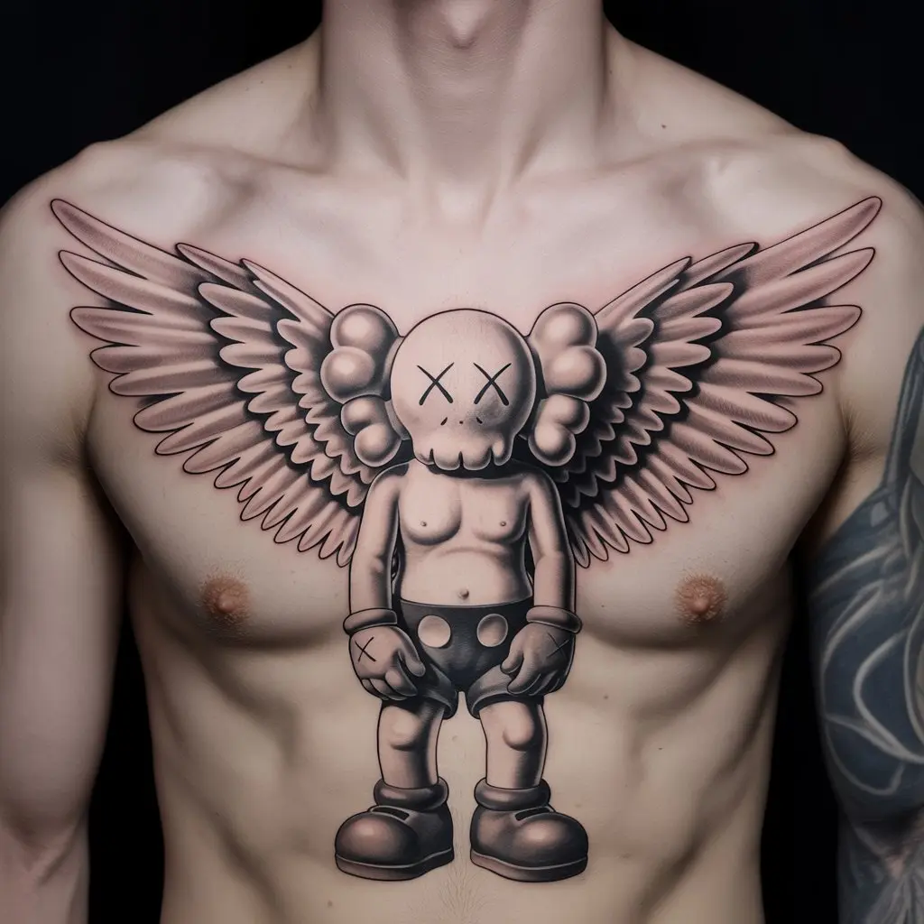 Chest KAWS tattoo of an angelic figure with wings and X-eyes, symbolizing protection and hope.