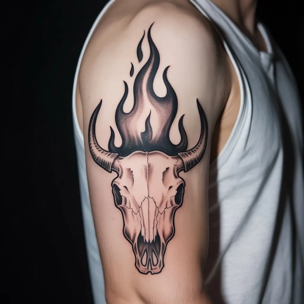 "Cow skull tattoo with flames inked on bicep, symbolizing transformation, passion, and enduring energy."