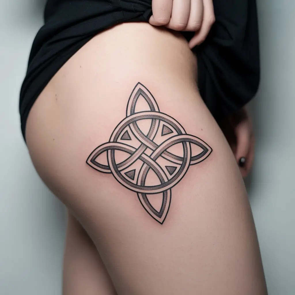 celtic knot under thigh tattoos women, intricate knotwork tattoo design on thigh, symbolic and timeless body art