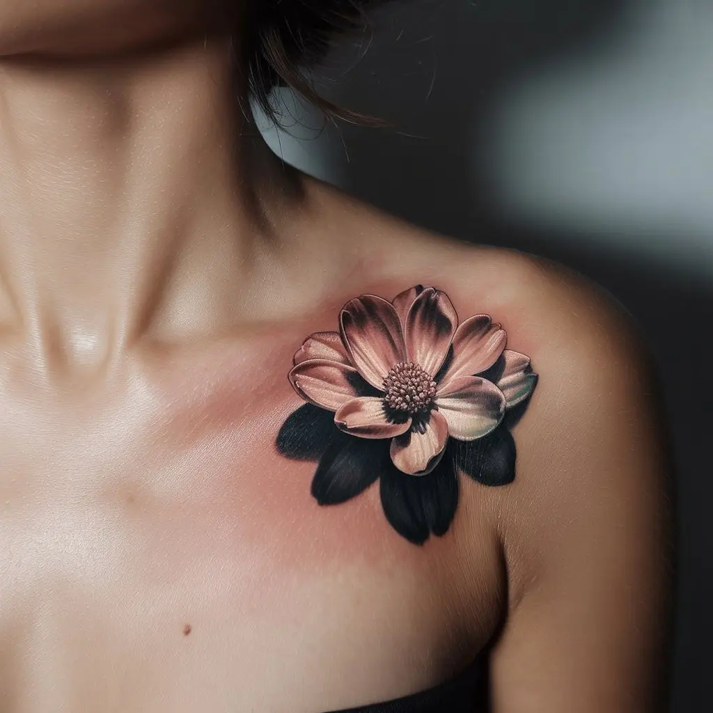 Shadow Petals collar bone tattoo of a flower with half black shading and half soft color, blending artistic contrast beautifully.