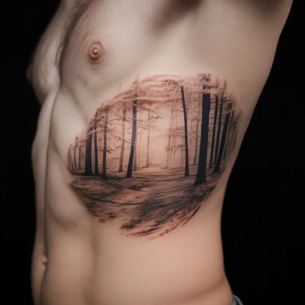 "Whispering Woods in October fall tattoo on ribcage, forest scene with drifting autumn leaves"