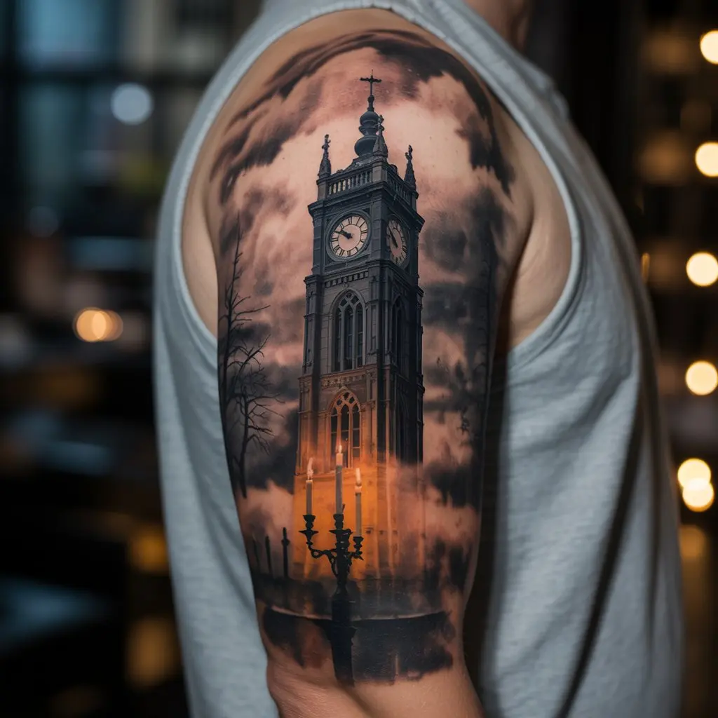 "Candlelit Clock Tower in Mist whimsigoth tattoo of gothic clock tower glowing in fog on bicep"