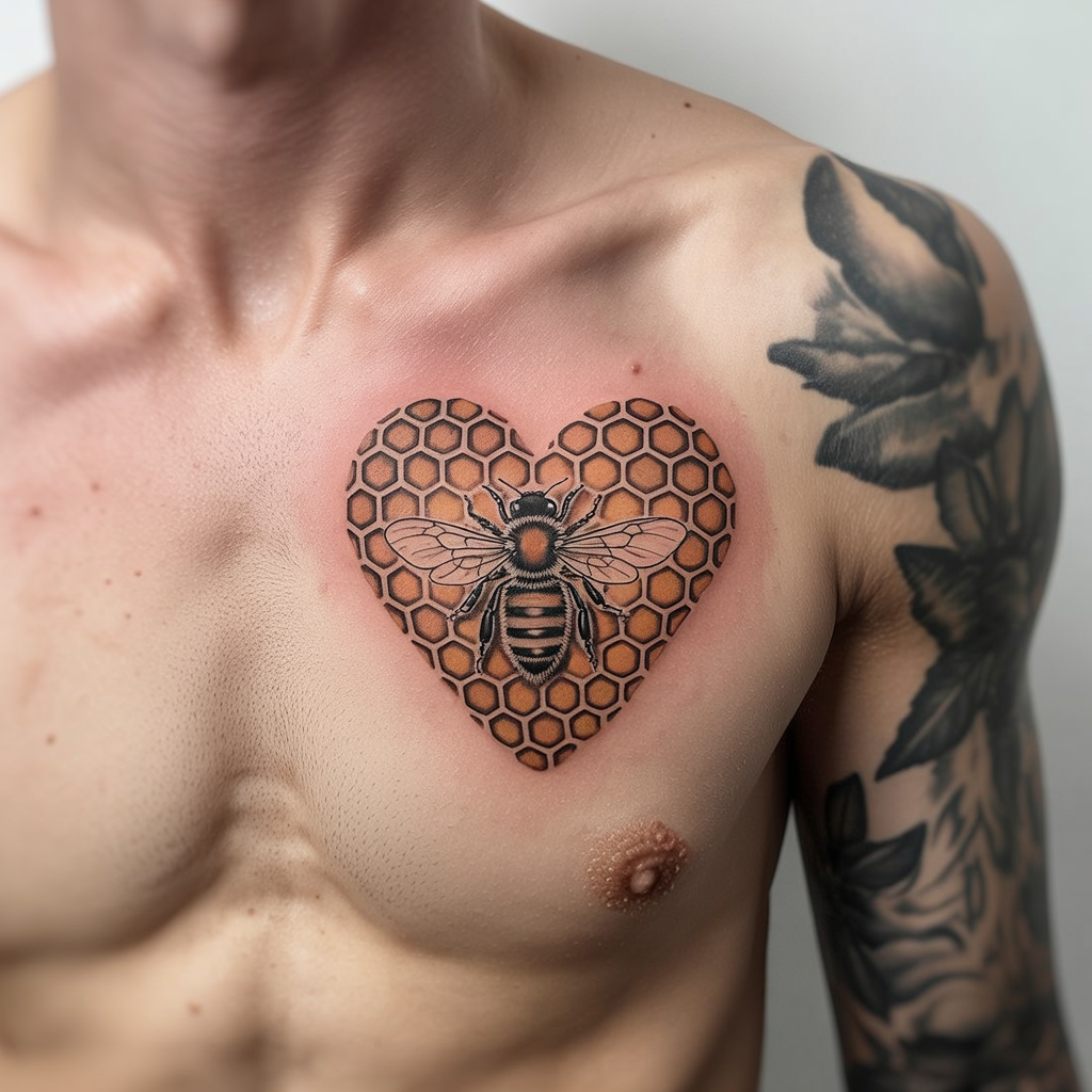 Honeycomb Heartbeat
"Honeycomb Heartbeat Honey Bee Tattoo on chest shaped like a heart with bee, symbol of love, loyalty, and warmth."