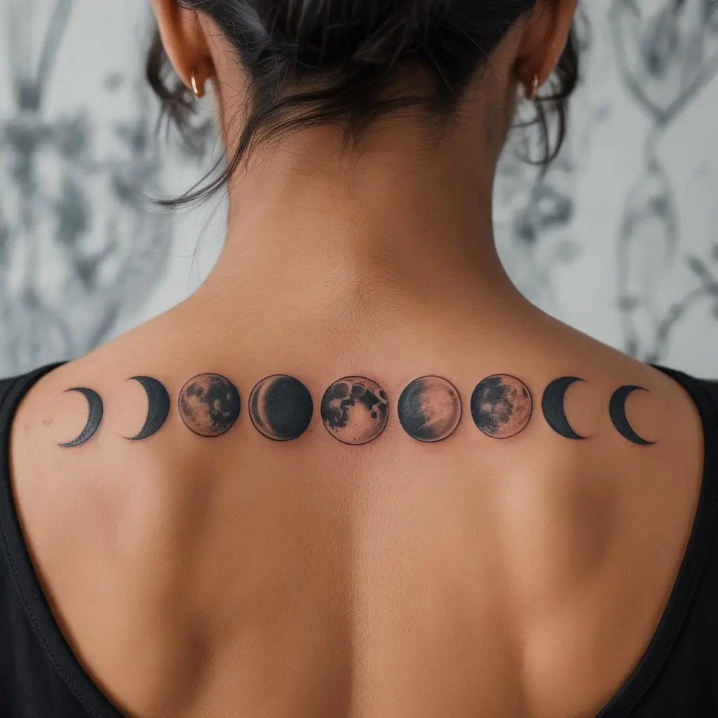Black women tattoos – moon phases tattoo along the spine, representing feminine energy and natural cycles in lifelike detail.