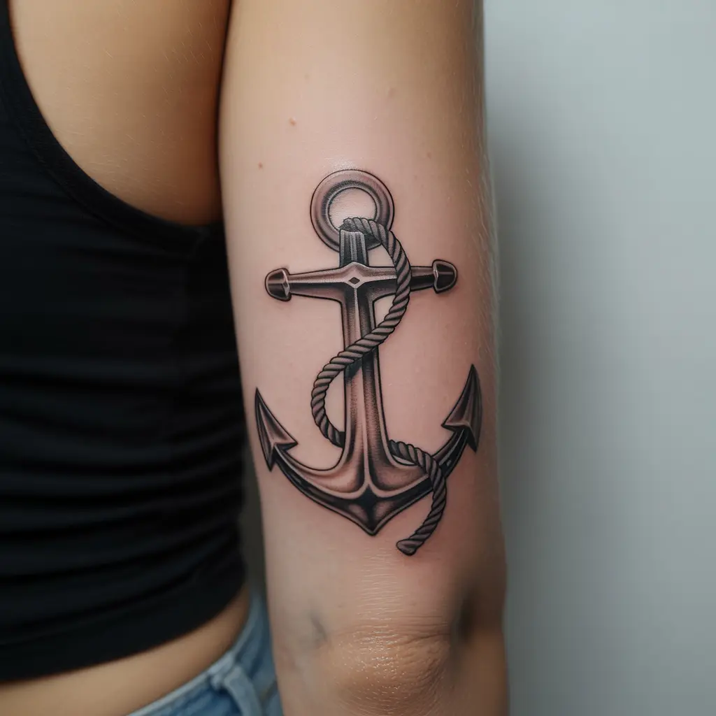 Forearm tattoo women – Anchor with rope forearm tattoo in black and grey realism

