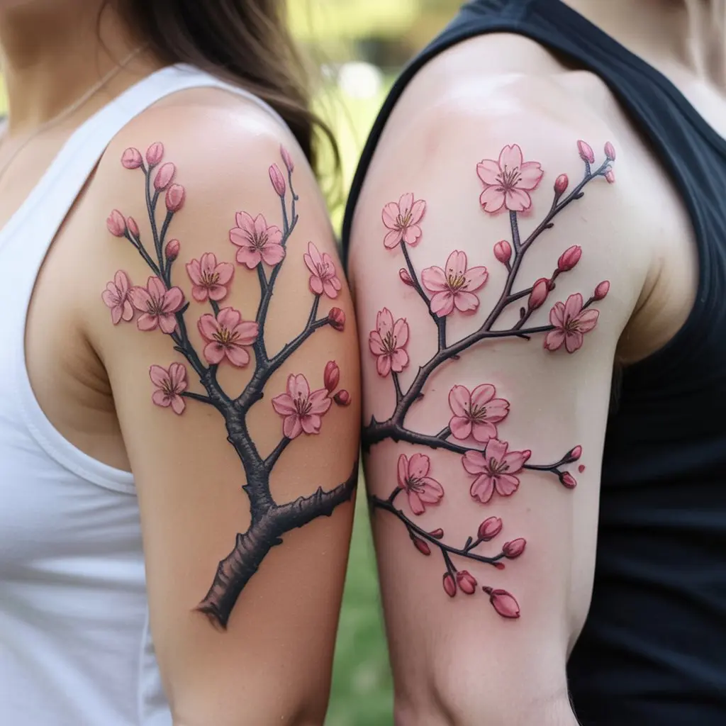 Cherry Blossom Branch Matching Couple Tattoos – Cherry blossom branch matching couple tattoos on upper arms, romantic floral design. 