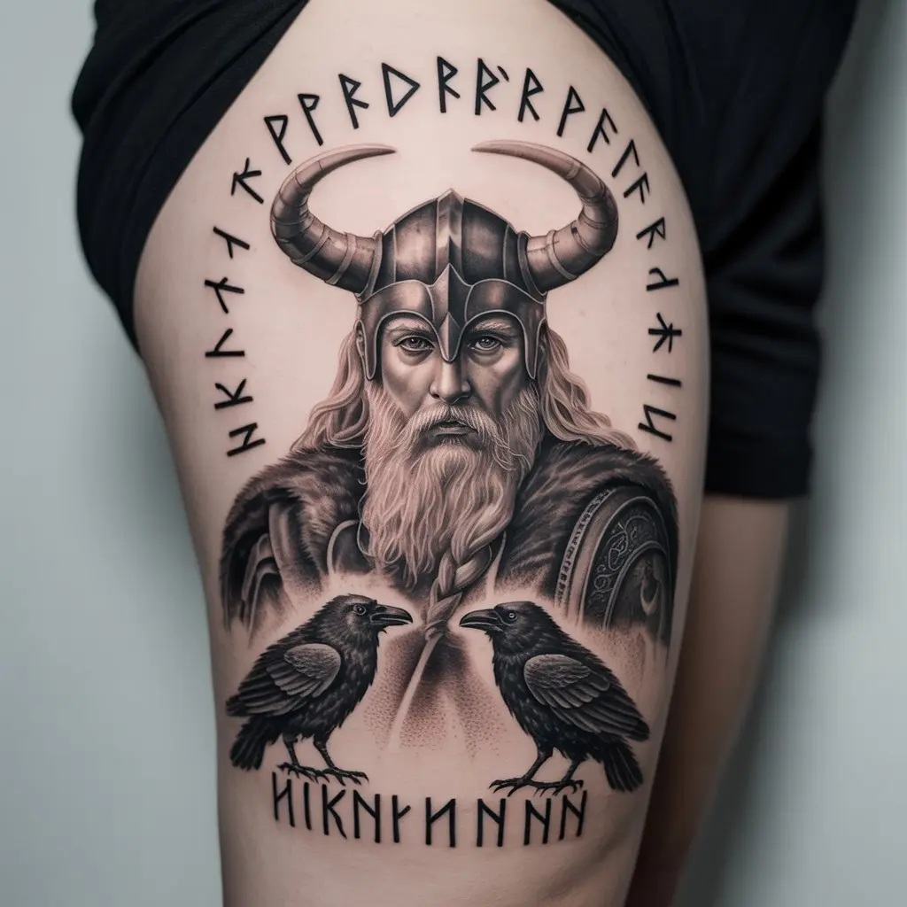 Norse Mythology – leg tattoos women featuring Odin with ravens Huginn and Muninn, and Viking runes on the thigh.

