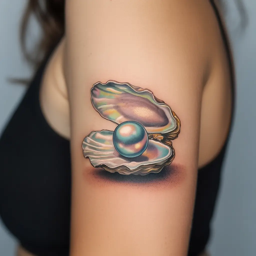 female tattoo ideas pearl oyster hidden beauty — Open oyster with pearl tattoo on a woman’s upper arm.

