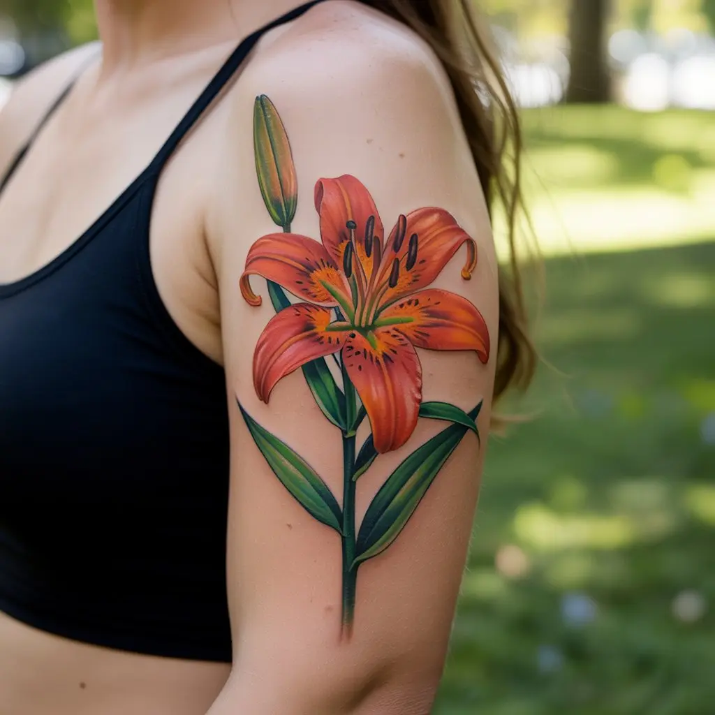 "Feminine power tattoo of a vibrant orange tiger lily symbolizing pride, confidence, and beauty"

