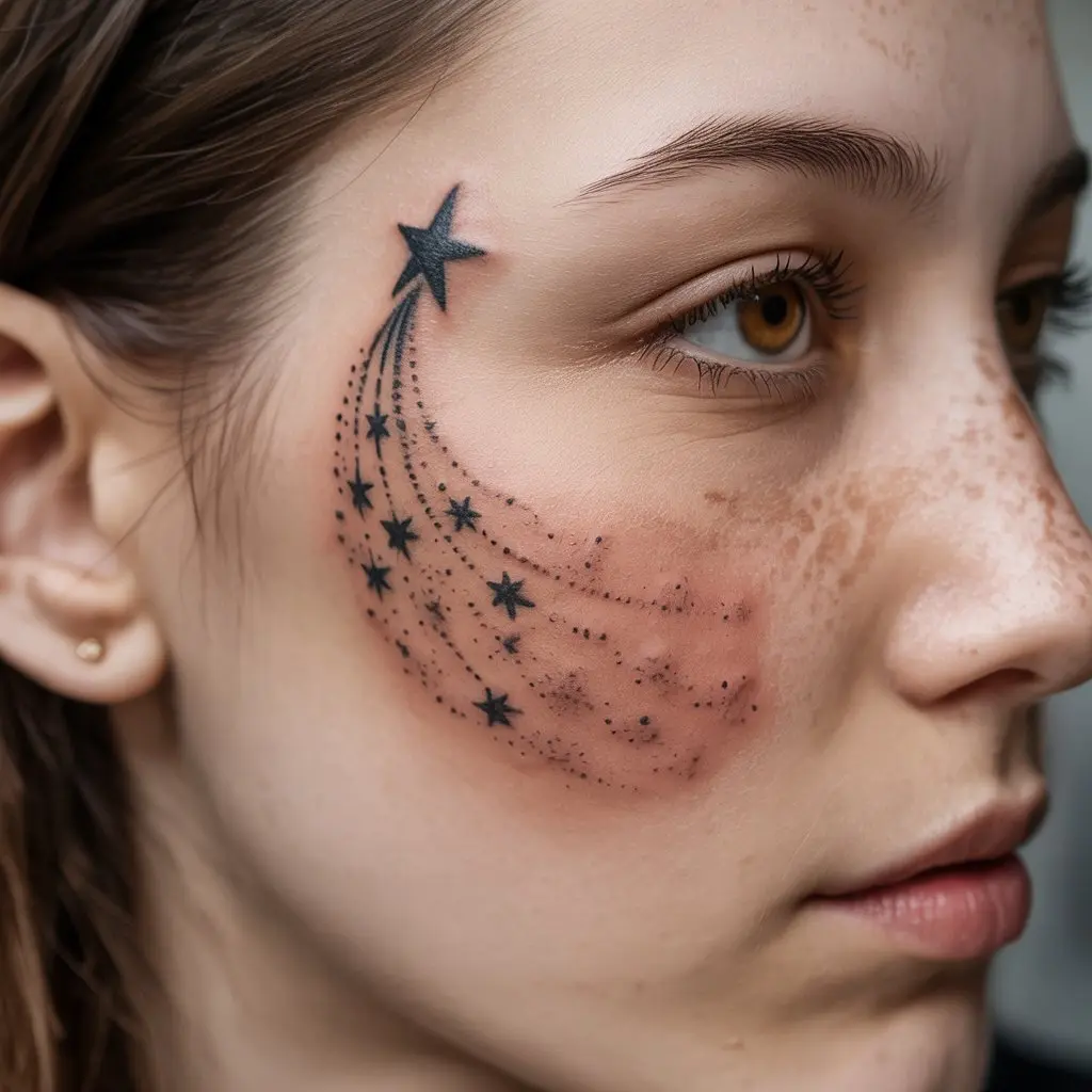 Shooting Star Freckle Tattoo – Shooting star freckle tattoo trailing from temple to cheek, magical and whimsical style.

