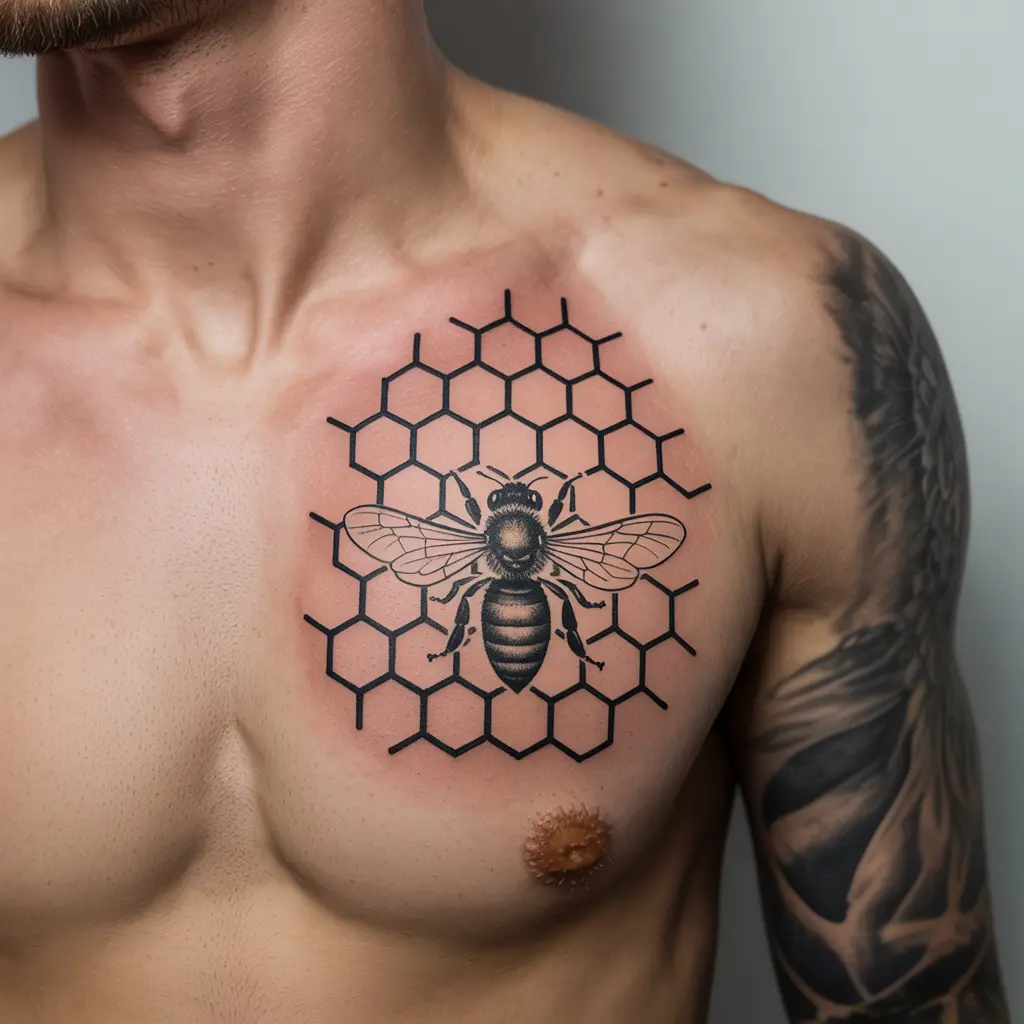 The Hive of Eternal Bonds
"The Hive of Eternal Bonds Honey Bee Tattoo featuring honeycomb and bee on chest, representing family and unity."