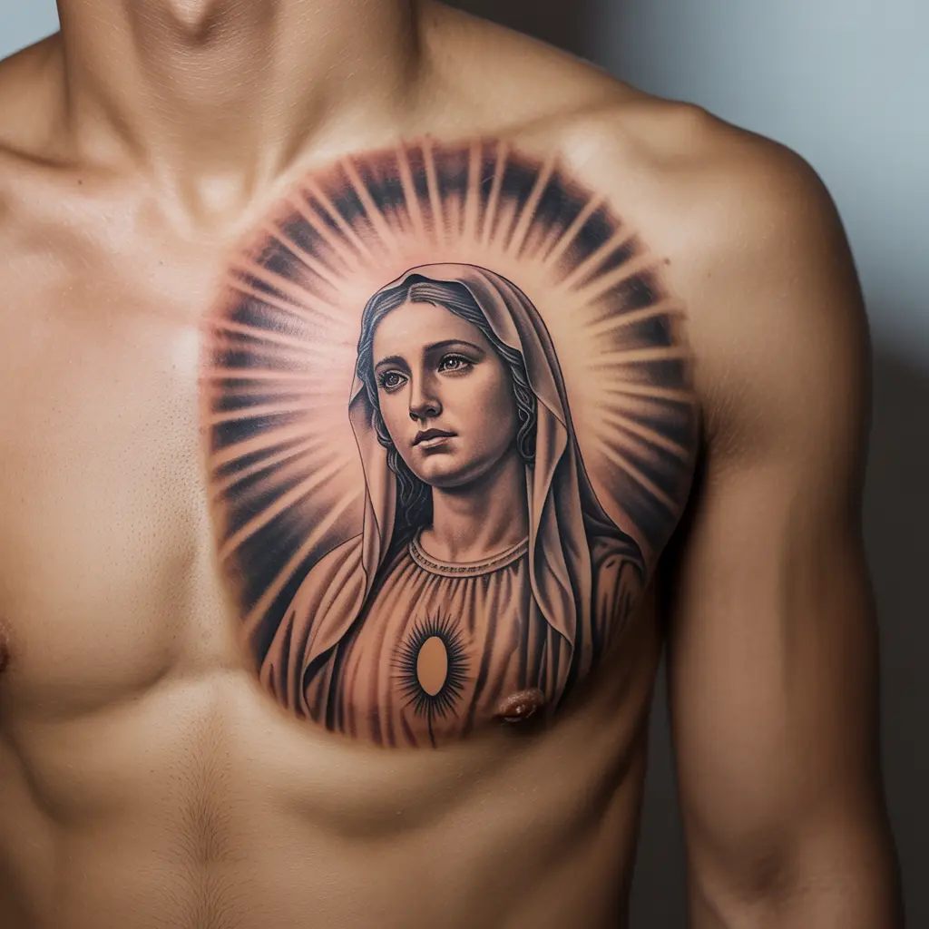 "Sacred light Virgin Mary tattoo design with radiant beams, realistic shading, and spiritual detail, representing faith and protection on chest."