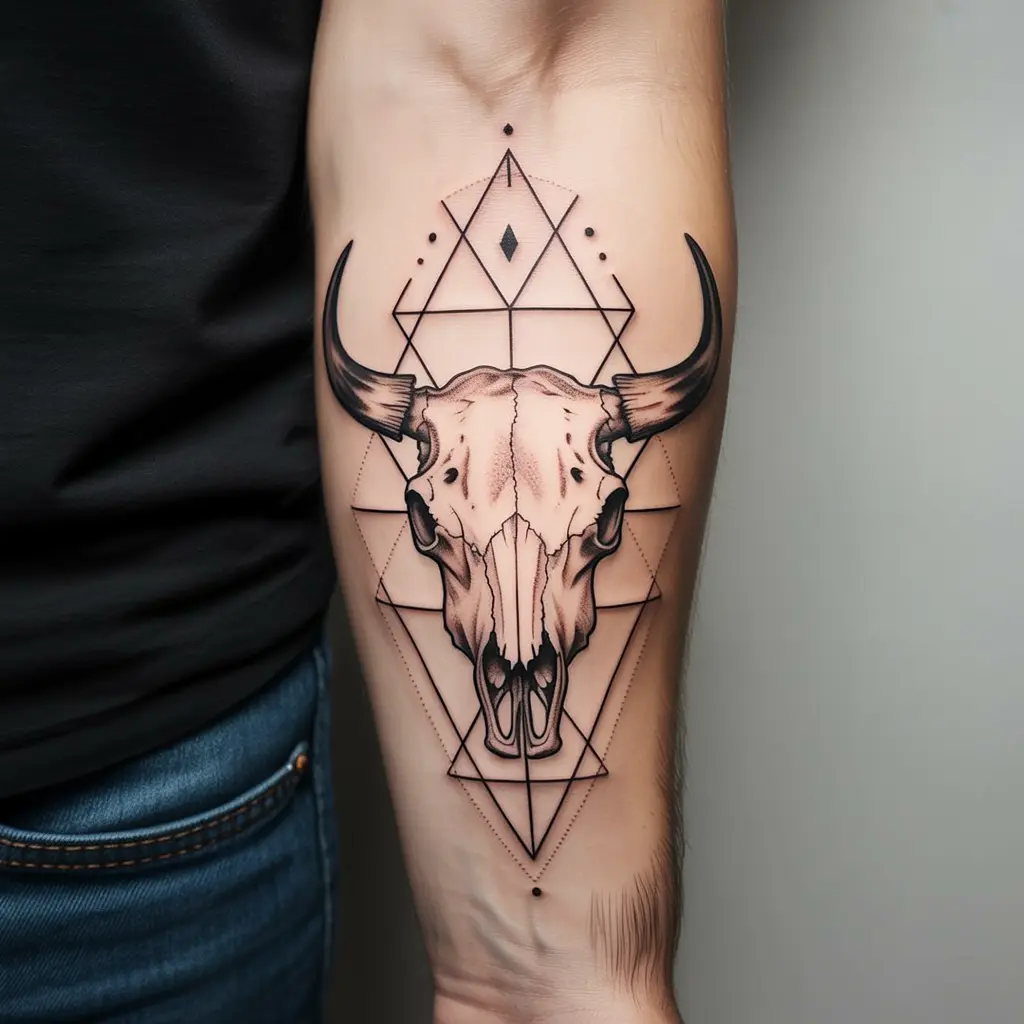 "Geometric cow skull tattoo design on forearm, blending traditional horns with modern linework, representing balance and structure."
