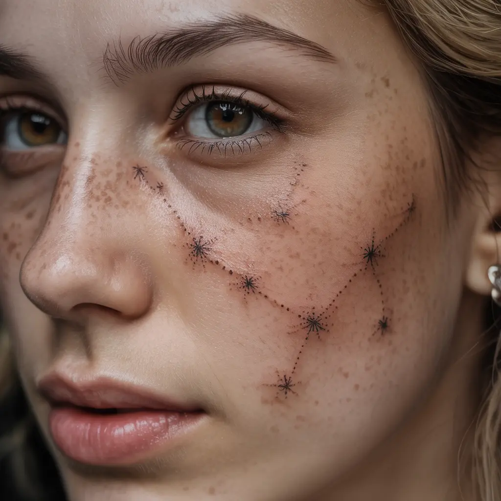 Constellation Freckle Tattoo – Constellation freckle tattoo forming tiny star patterns on cheeks and nose, delicate dotwork style.


