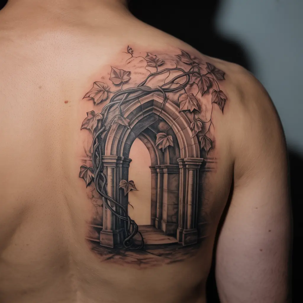 "Enchanted Ivy Over Gothic Arch whimsigoth tattoo design with ivy and gothic architecture on shoulder"