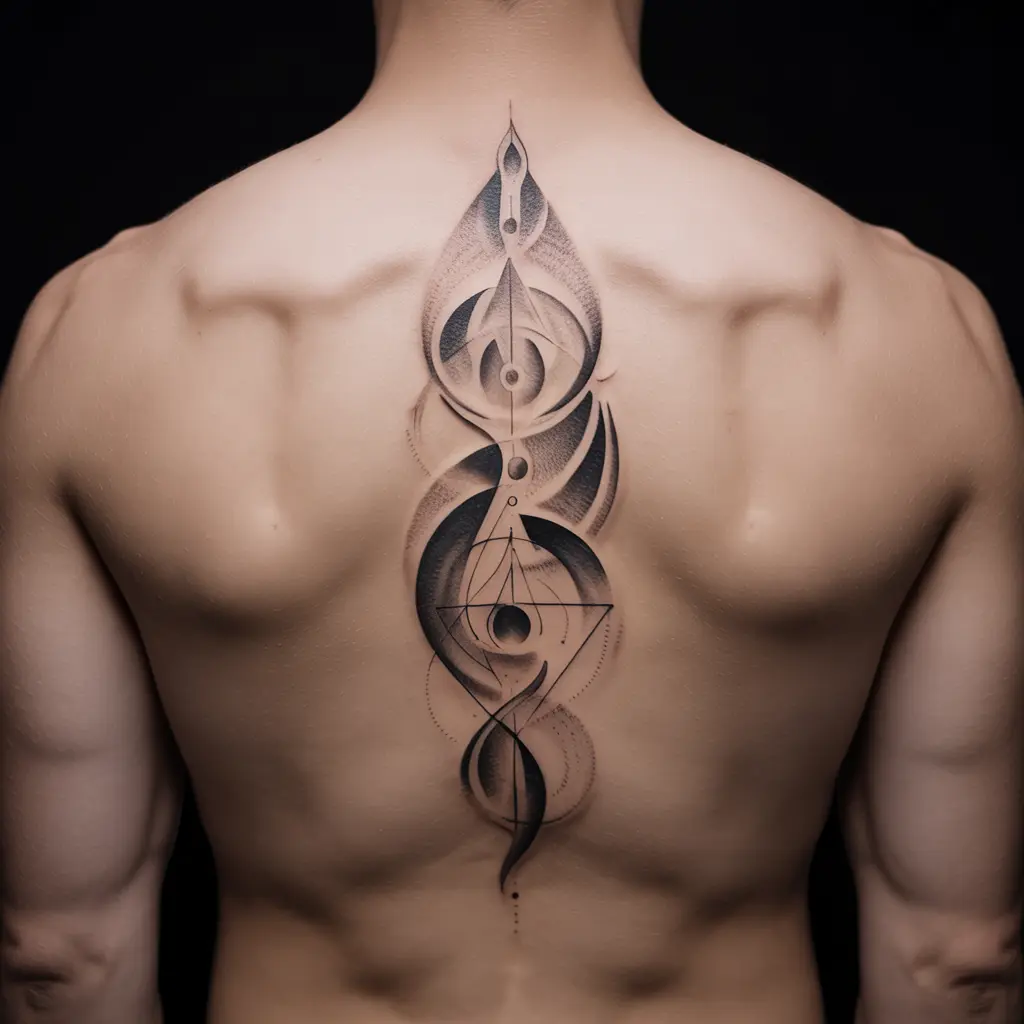 "Abstract tattoo designs — celestial geometry flow tattoo on upper back with cosmic shapes and sacred geometry lines."