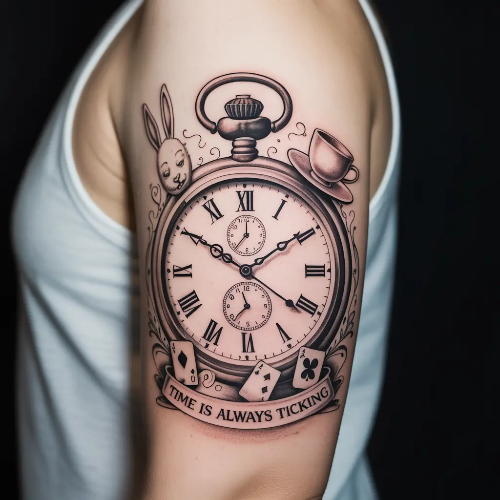 “Detailed Alice in Wonderland tattoo of a pocket watch with tea cup and rabbit ears on upper arm, black and gray tattoo symbolizing time and fantasy.”