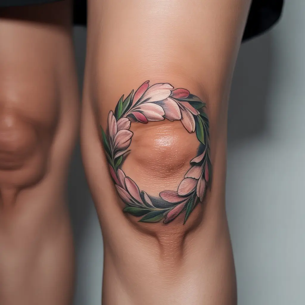 Colorful floral crown knee cap tattoo featuring pink and white blossoms with green leaves, realistic skin texture.

