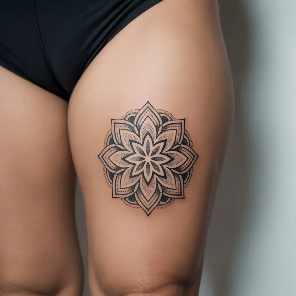 mandala under thigh tattoos women, symmetrical geometric mandala tattoo design on thigh, spiritual and artistic body art