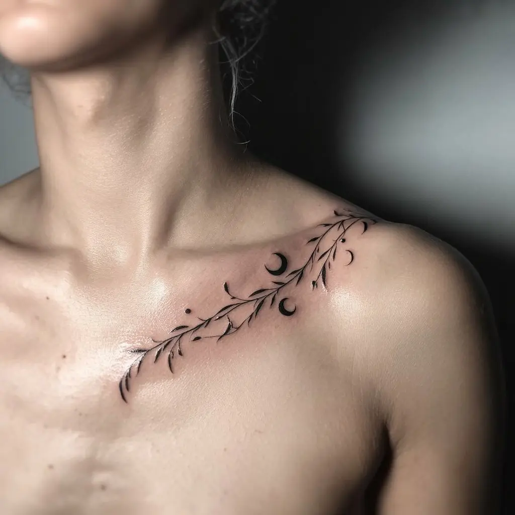 Moonlit Vines collar bone tattoo featuring delicate vines and crescent moons wrapping gracefully across the collar bone for a romantic celestial look.