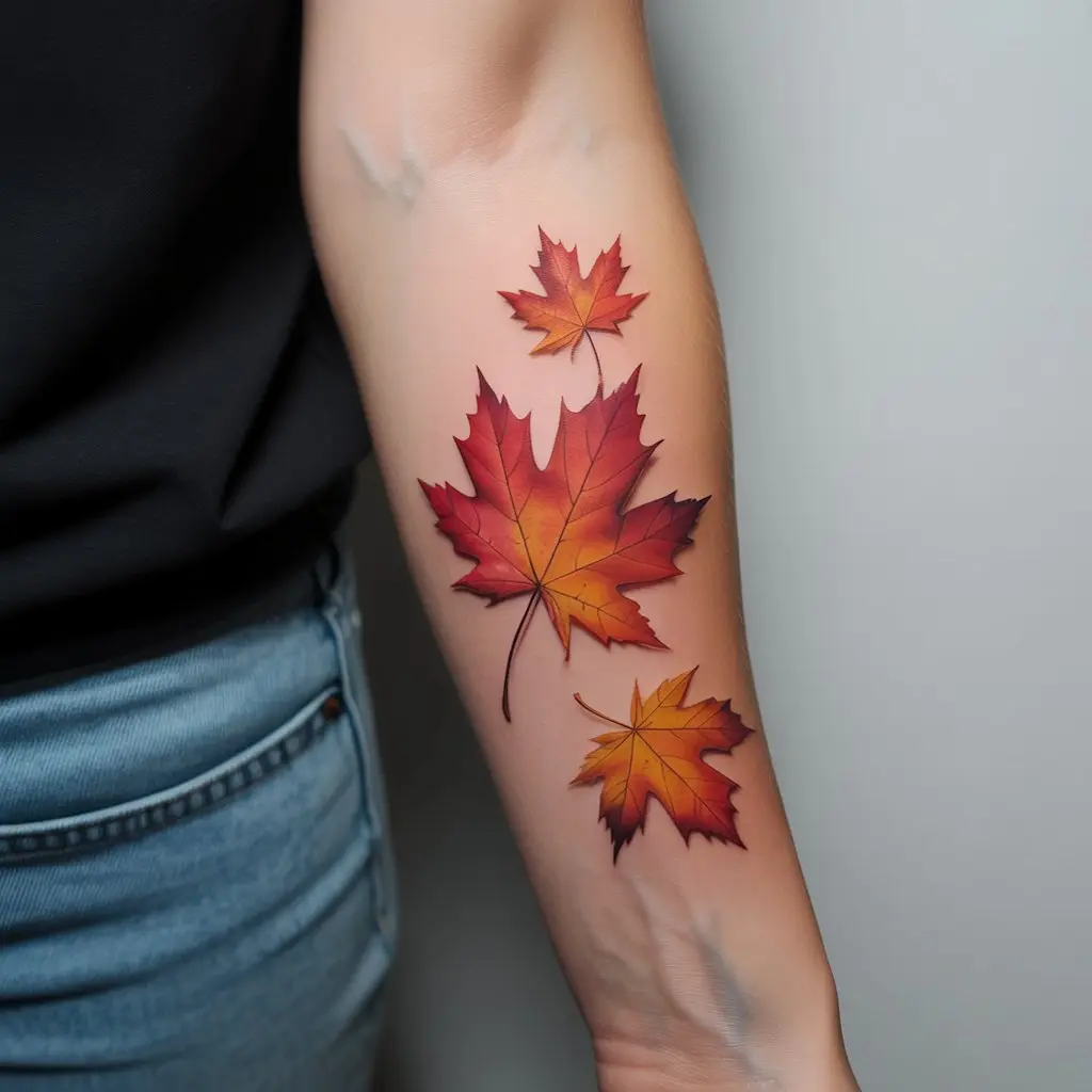 "Maple Dreams and Falling Leaves fall tattoo on forearm, watercolor maple leaves in red, gold, and amber tones"