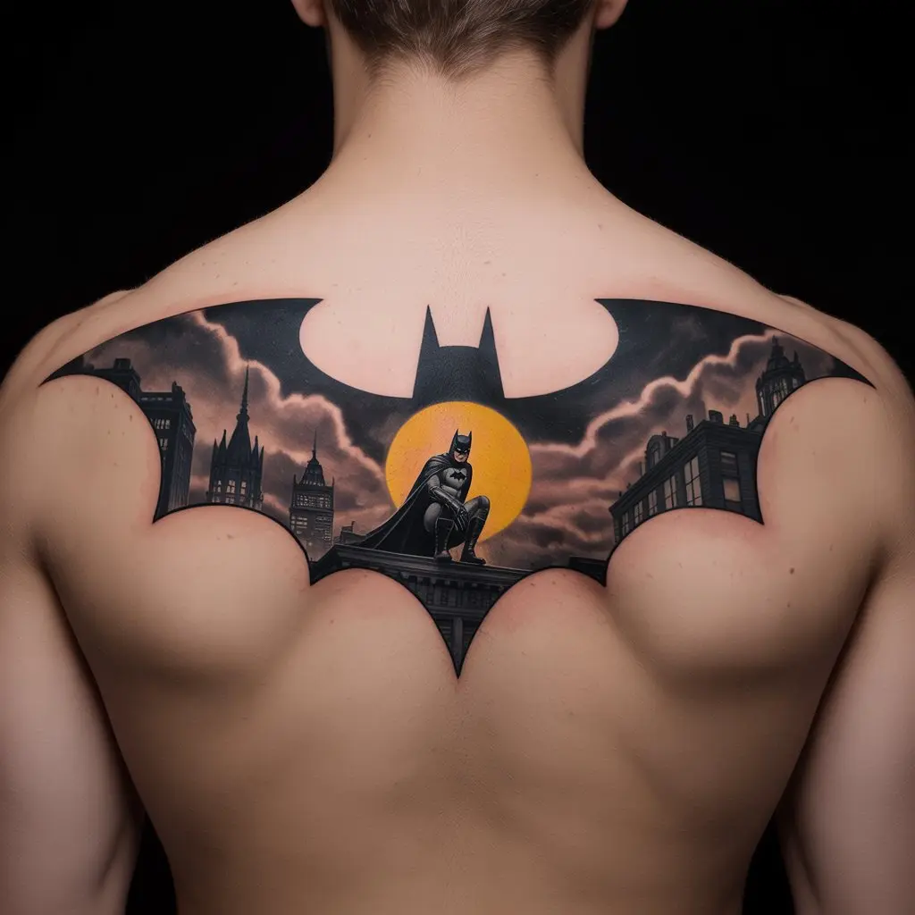 “Batman tattoo on upper back featuring the Bat Signal shining in the sky with Batman perched on a rooftop, symbol of hope and justice.”