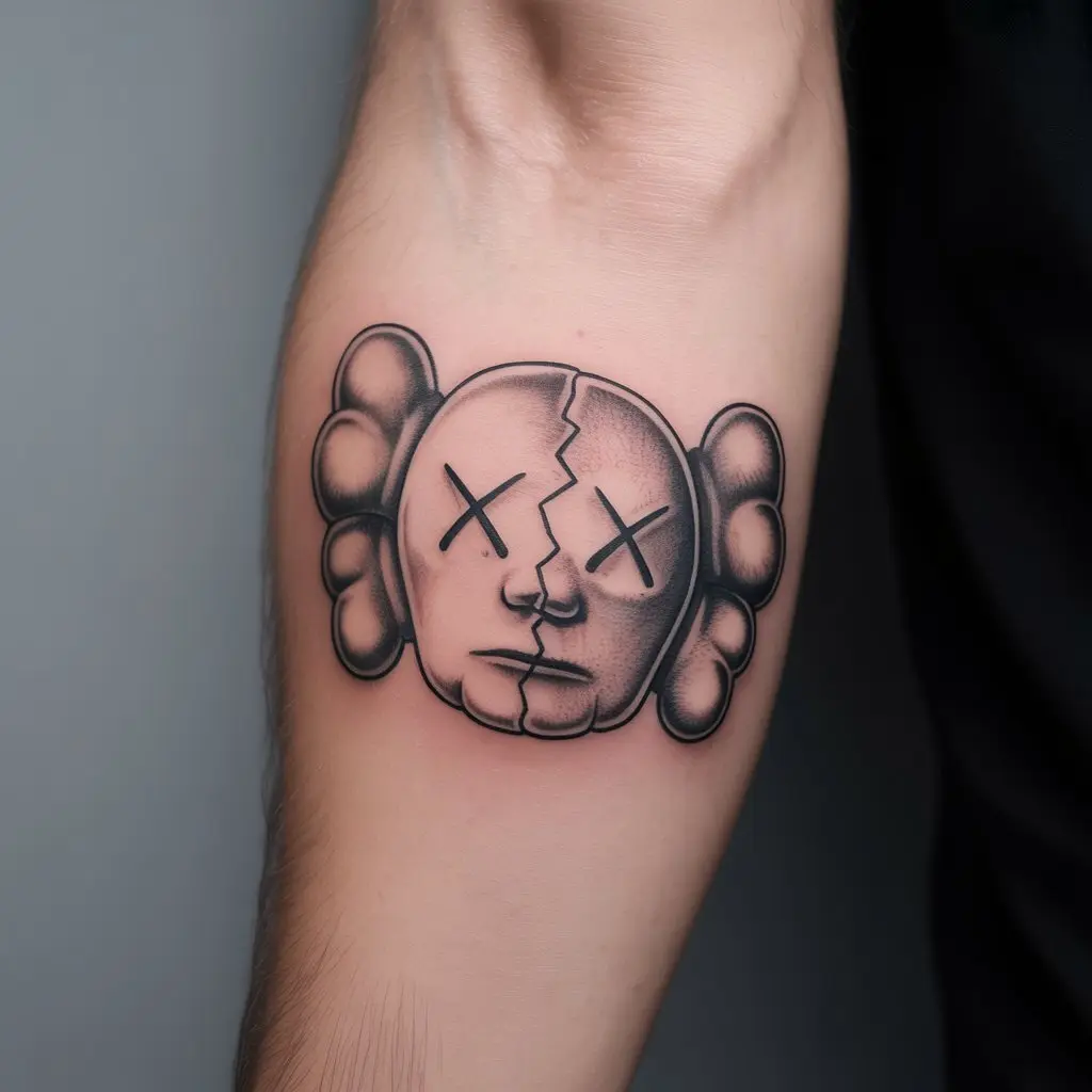 KAWS tattoo of a broken Companion face with crossed-out eyes, forearm ink design showing emotions of loss and resilience.