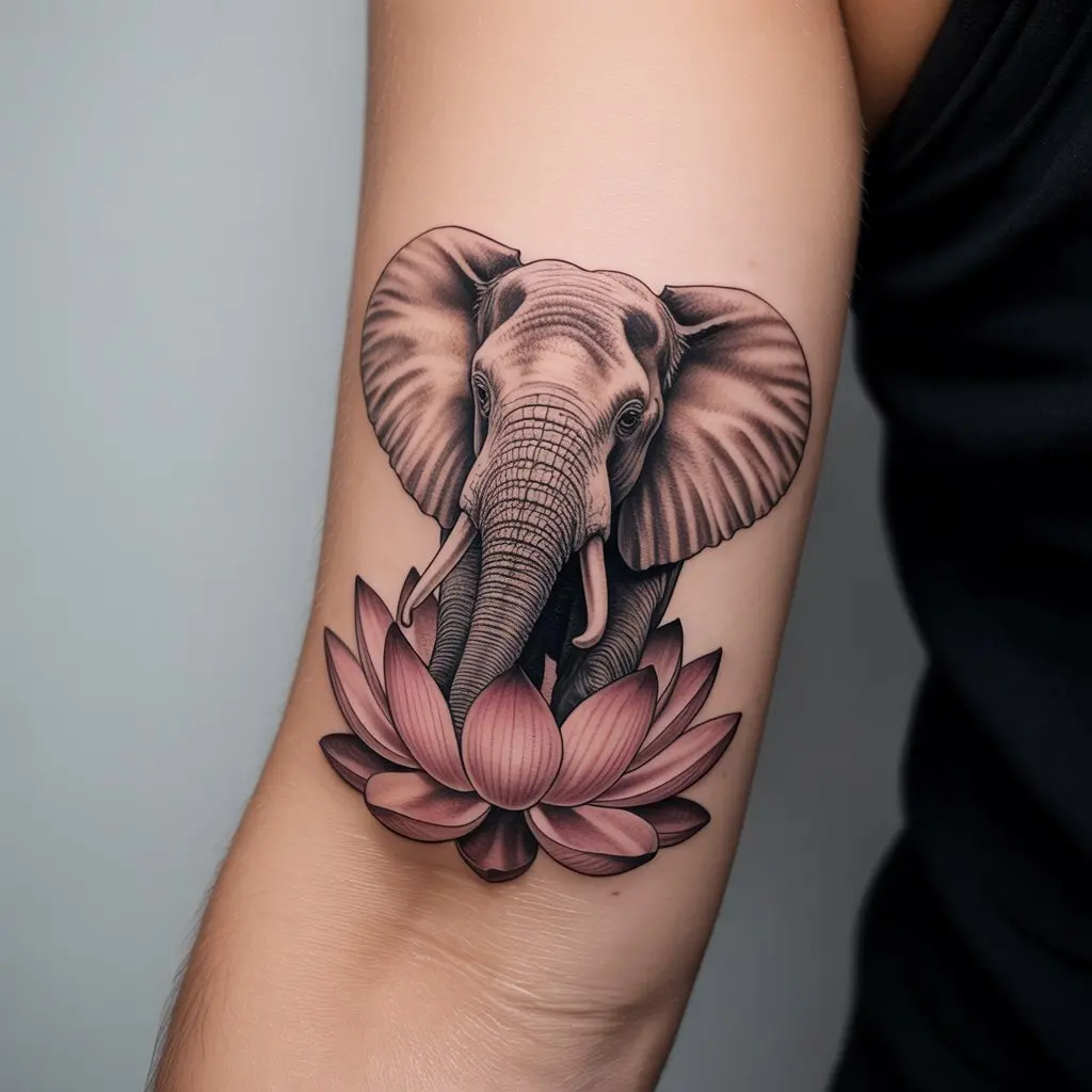 "Lotus-born elephant tattoo on inner forearm with detailed shading, elegant elephant tattoos with lotus flower representing purity, renewal, and resilience."