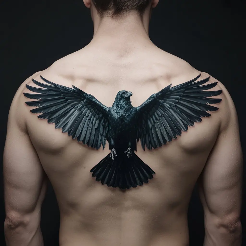 “Raven tattoo on back featuring a raven in mid-flight with spread wings, symbolizing freedom and transformation.”