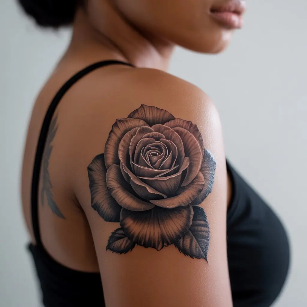 Black women tattoos – elegant black rose tattoo on shoulder with fine shading, enhancing dark skin beauty in realistic detail.