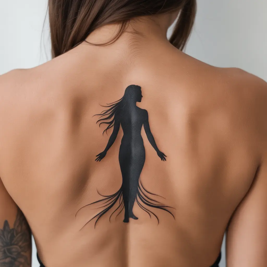 "Minimalist feminine power tattoo featuring a goddess silhouette representing grace and strength"

