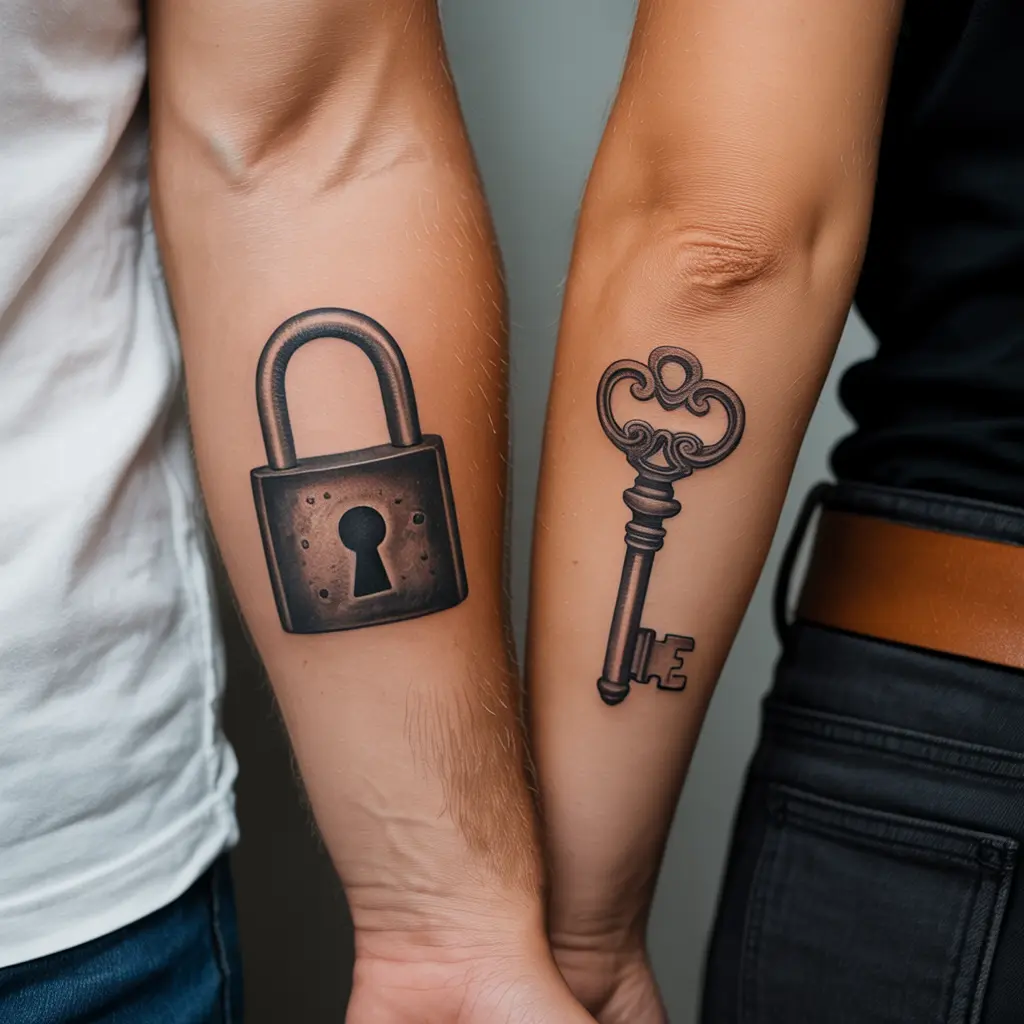Lock and Key Matching Couple Tattoos – Photorealistic lock and key matching couple tattoos on forearms, vintage style ink for couples. 