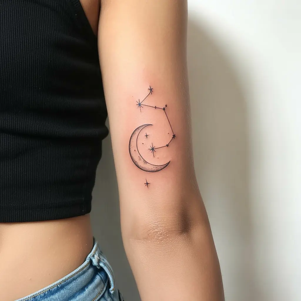 Forearm tattoo women – Minimalist moon and stars forearm design with clean black ink lines

