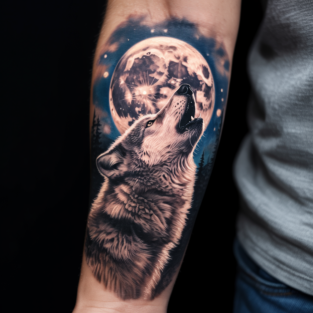 female tattoo ideas moonlit wolf strength and intuition — Wolf tattoo under a full moon on a woman’s forearm, realistic fur details, night sky background.