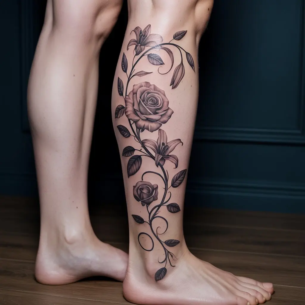 Realistic Floral Vine – leg tattoos women featuring lifelike roses, lilies, and leaves spiraling around the calf in black and grey shading.