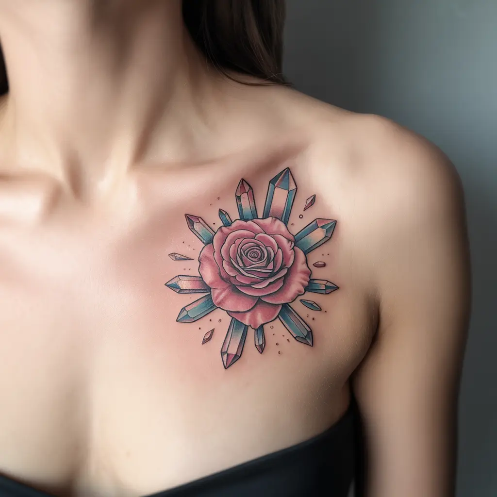 Crystal Roseburst — Gemstone-Inspired Floral Tattoo
Crystal Roseburst chest tattoo female with rose and crystal-shaped petals in soft pink and translucent blue ink.