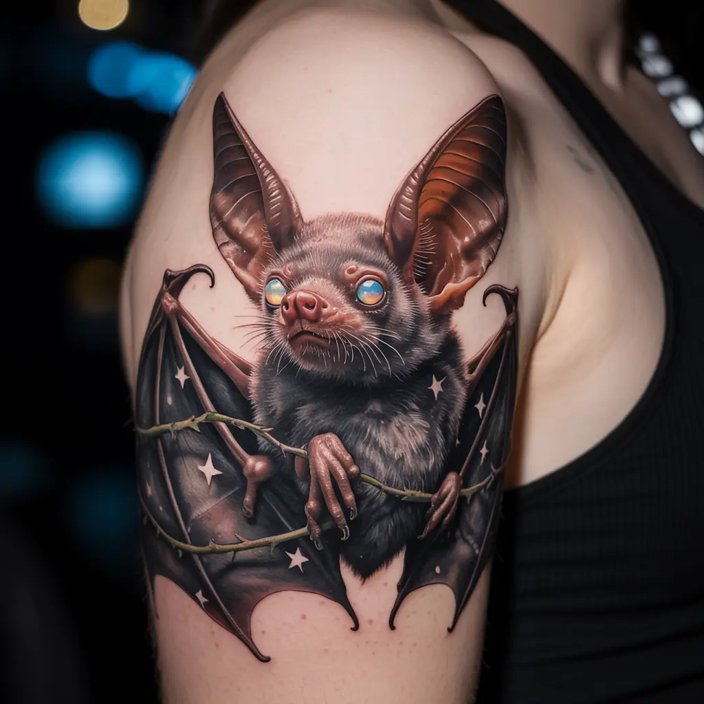 "Opal-Eyed Bat in Starry Vines whimsigoth tattoo featuring gothic bat with glowing eyes on shoulder"
