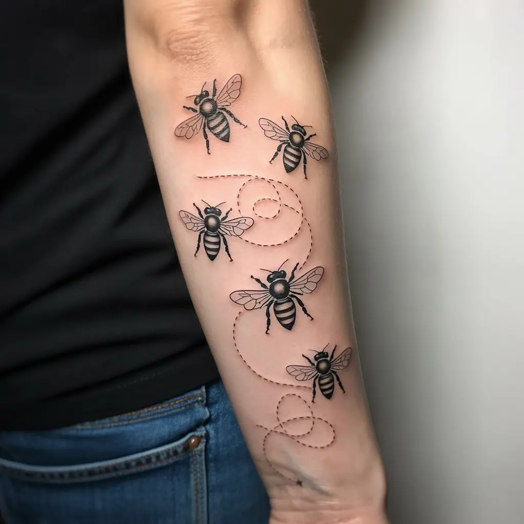 The Eternal Buzz
"The Eternal Buzz Honey Bee Tattoo on forearm with spiral pattern of bees, symbolizing infinity and life’s ongoing journey."