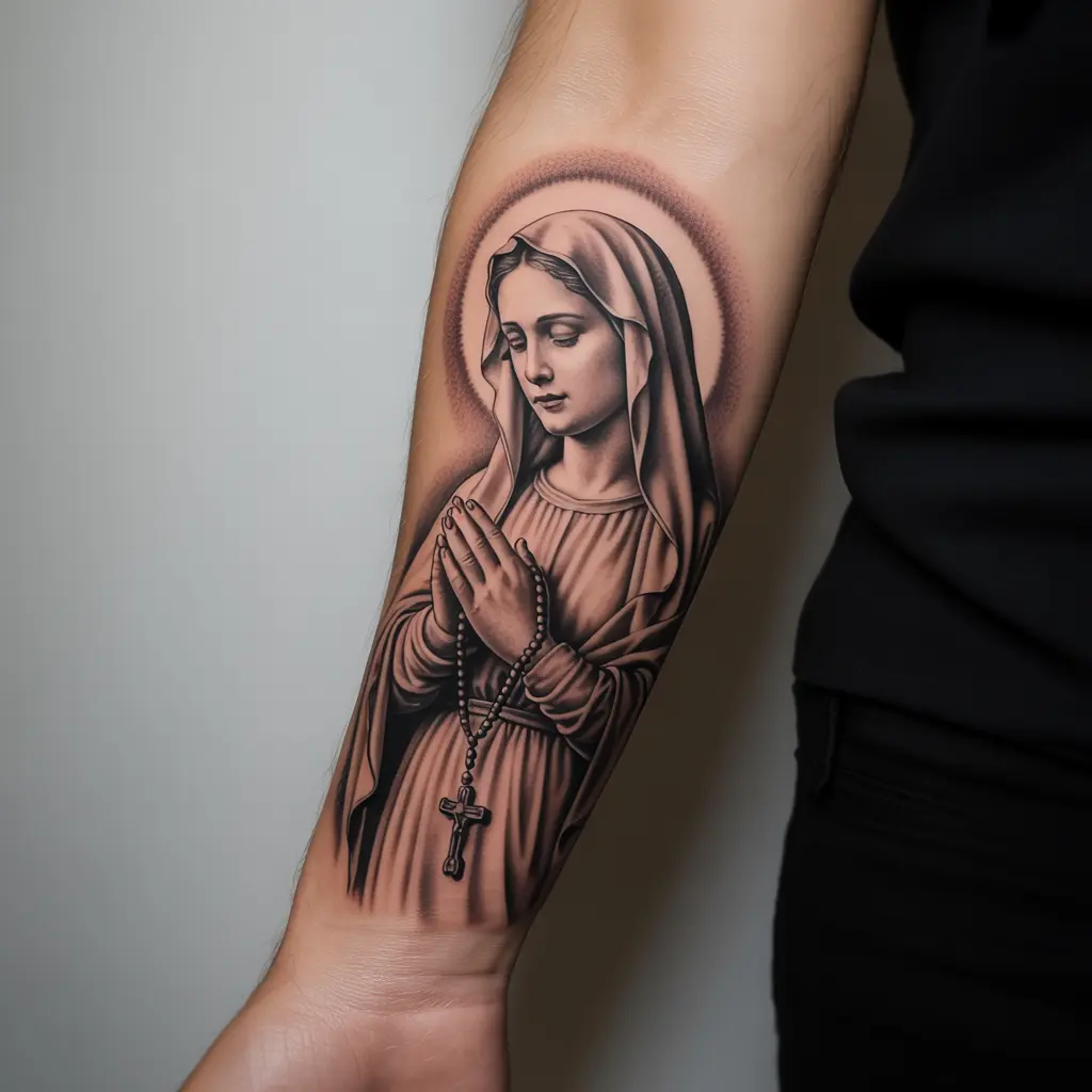 "Virgin Mary tattoo of timeless devotion with rosary on forearm, realistic shading, representing prayer, dedication, and unshakable faith."